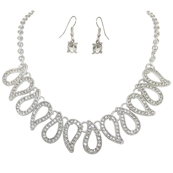 Clear Rhinestone Paisley Necklace Earrings Set - Picture 1 of 3